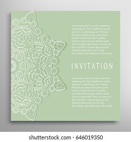 Invitation or Card with lace border pattern, mandala element. Decorative openwork filigree template for Wedding, Valentine's day greeting cards, Birthday Invitations. Abstract doodle floral background