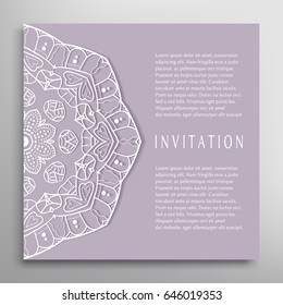Invitation or Card with lace border pattern, mandala element. Decorative openwork filigree template for Wedding, Valentine's day greeting cards, Birthday Invitations. Abstract doodle floral background