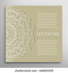 Invitation or Card with lace border pattern, mandala element. Decorative openwork filigree template for Wedding, Valentine's day greeting cards, Birthday Invitations. Abstract doodle floral background