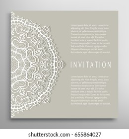 Invitation or Card with lace border pattern, mandala element. Decorative openwork filigree template for Wedding, Valentine's day greeting cards, Birthday Invitations. Abstract doodle floral background