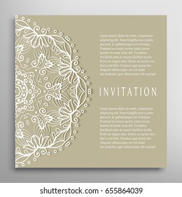 Invitation or Card with lace border pattern, mandala element. Decorative openwork filigree template for Wedding, Valentine's day greeting cards, Birthday Invitations. Abstract doodle floral background