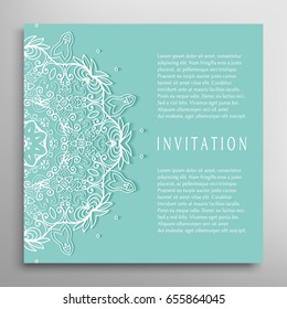 Invitation or Card with lace border pattern, mandala element. Decorative openwork filigree template for Wedding, Valentine's day greeting cards, Birthday Invitations. Abstract doodle floral background