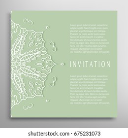 Invitation or Card with lace border pattern, mandala element. Decorative openwork filigree template for Wedding, Valentine's day greeting cards, Birthday Invitations. Abstract doodle floral background
