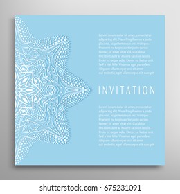 Invitation or Card with lace border pattern, mandala element. Decorative openwork filigree template for Wedding, Valentine's day greeting cards, Birthday Invitations. Abstract doodle floral background