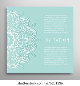 Invitation or Card with lace border pattern, mandala element. Decorative openwork filigree template for Wedding, Valentine's day greeting cards, Birthday Invitations. Abstract doodle floral background