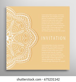 Invitation or Card with lace border pattern, mandala element. Decorative openwork filigree template for Wedding, Valentine's day greeting cards, Birthday Invitations. Abstract doodle floral background