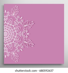 Invitation or Card with lace border pattern, mandala element. Decorative openwork filigree template for Wedding, Valentine's day greeting cards, Birthday Invitations. Abstract doodle floral background