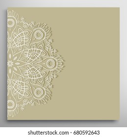 Invitation or Card with lace border pattern, mandala element. Decorative openwork filigree template for Wedding, Valentine's day greeting cards, Birthday Invitations. Abstract doodle floral background