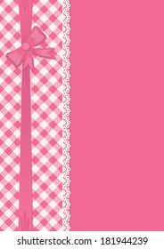 Invitation card with lace and bow. Classical pink checked background with ribbon. Vector illustration.