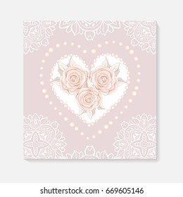  invitation card with lace decoration for wedding, birthday, Valentine's day and other holidays. Template vector frame. 