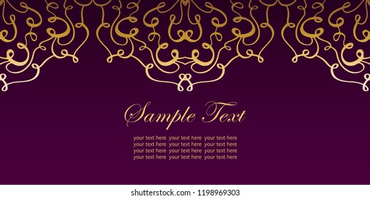 Invitation card with lace ornament.Vintage gold lace on purple background with place for text.It can be used for decorating of invitations, cards.Vector illustration in asian, arabic or east style.