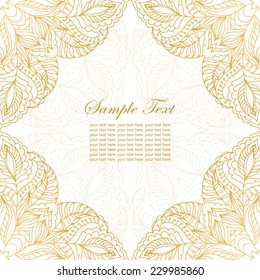 Invitation card with lace ornament.Vintage gold lace on white background with place for text.It can be used for decorating of invitations, cards.Vector illustration in asian and east style.