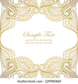 Invitation card with lace ornament.Vintage gold lace on white background with place for text.It can be used for decorating of invitations, cards.Vector illustration in asian and east style.