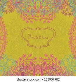 Invitation card with lace. Vector card. Yellow background. Vector greeting spring card. 