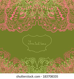 Invitation card with laces. Vector greeting tender card on the green background. Place for text. Easy to edit. Use for invitations announcements.
