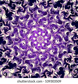 Invitation card with Lacy mandala in the Indian style. Bohemian ornament. Royal purple circle tracery. Unique template for design or backdrop.