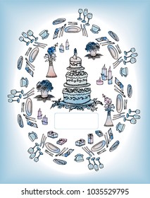 Invitation card with a laid wedding and festive table, with a cake, flowers, candles and gifts, and cutlery, plates, forks, knives, glasses in a circle