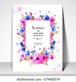 Invitation Card layout with colorful watercolor flowers decoration for Save the Date, Birthday, Anniversary and Party celebrations.