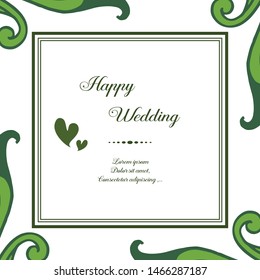 Invitation card with lettering of happy wedding, border frame with branches leaf. Vector