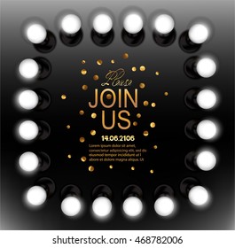 Invitation card with light bulbs and confetti. Vector illustration