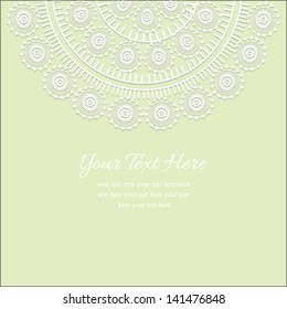 Invitation card, with light green background and Ornamental half round lace pattern and place for text for invitation, backdrop, card, brochure, banner, border, wallpaper. Vector eps10, illustration.