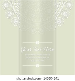 Invitation card, with light green background and Ornamental half round lace pattern and middle band, for invitation, backdrop, card, brochure, banner, border, wallpaper. Vector eps10, illustration. 