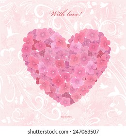 Invitation card with love. a flower heart of hydrangea