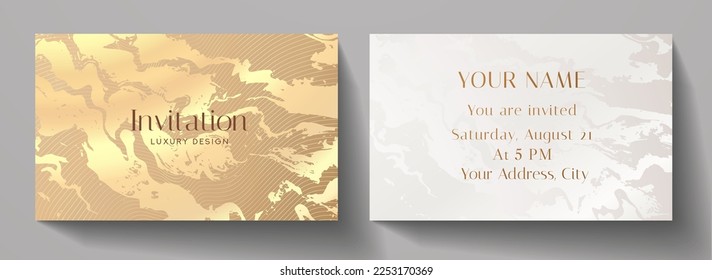 Invitation card with luxury gold marble texture in white color. Formal golden premium background template for invite design, prestigious Gift card, voucher or luxe name card