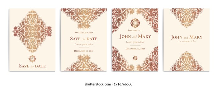 Invitation card with luxury gold pattern design on a white background. Vintage ornament template. Can be used for flyer, wallpaper, packaging or any desired idea. Elegant vector elements.