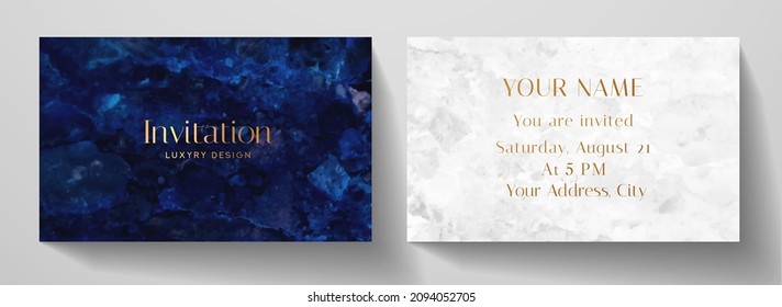 Invitation card with luxury marble texture in blue, white color. Formal premium background template for invite design, prestigious Gift card, voucher or luxe name card