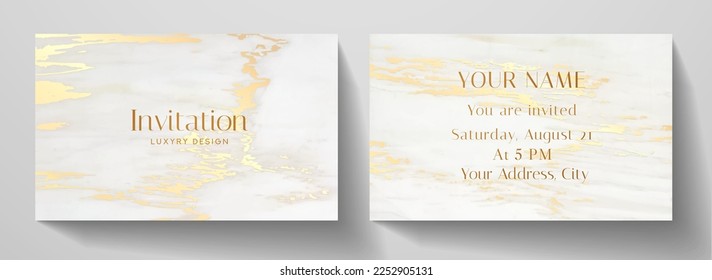 Invitation card with luxury marble texture in gold, white color. Formal premium background template for invite design, prestigious Gift card, voucher or luxe name card