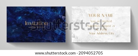 Invitation card with luxury marble texture in blue, white color. Formal premium background template for invite design, prestigious Gift card, voucher or luxe name card