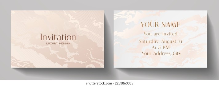 Invitation card with luxury rose pink marble texture in white color. Formal golden premium background template for invite design, prestigious Gift card, voucher or luxe name card