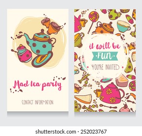 invitation card for mad tea party or cute funny business card for tea room, vector illustration 