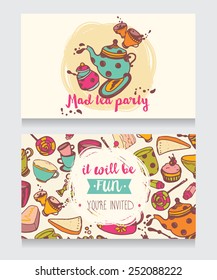 invitation card for mad tea party or cute funny business card for tea room, vector illustration 