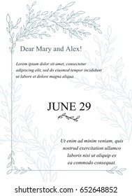 Invitation Card made of Hand Drawn branches. Monochrome Botanical Vintage Vector Illustration. Vector wedding invitation template