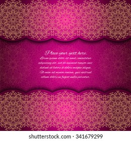 Invitation card with mandala border. Red lace card. Glowing. Gold mandala frame.
