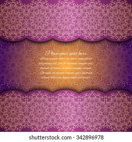 Invitation card with mandala border. Violet lace card. Glowing card. Gold mandala pattern.