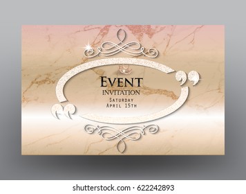 Invitation card with marble background, sparkling vintage ellipse frame with flourishes and quotes. Vector illustration