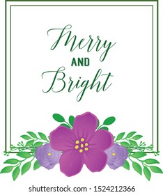 Invitation card merry and bright, with retro purple wreath frame hand drawn. Vector