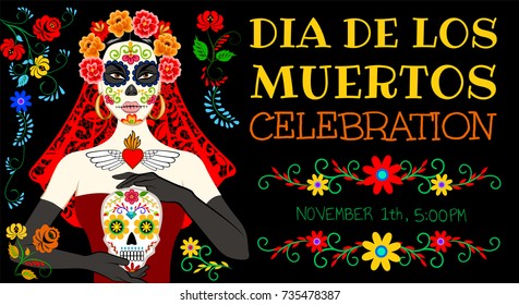 Invitation card for mexican Day of the Dead (Dia de los Muertos) and Calavera Catrina