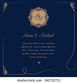 Invitation card with monogram on dark blue background. Wedding invitation, Save The Date. Vintage invitation template. Vector illustration