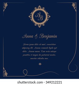 Invitation card with monogram on dark blue background. Wedding invitation, Save The Date. Vintage invitation template. Vector illustration