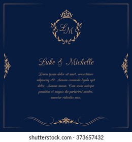 Invitation card with monogram on dark blue background. Wedding invitation, Save The Date. Vintage invitation template. Vector illustration