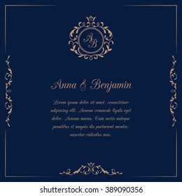 Invitation card with monogram on dark blue background. Wedding invitation, Save The Date. Vintage invitation template. Vector illustration