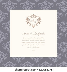 Invitation card with monogram and vintage background. Wedding invitation, Save The Date. Vintage invitation template. 