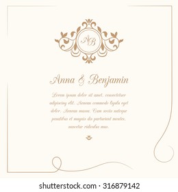 Invitation card with monogram. Wedding invitation, Save The Date. Vintage invitation template. Vector illustration