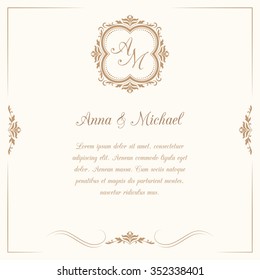 Invitation card with monogram. Wedding invitation, Save The Date. Vintage invitation template. Vector illustration