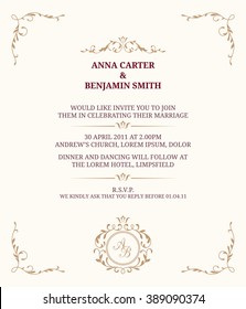 Invitation card with monogram. Wedding invitation, Save The Date. Vintage invitation template. Vector illustration