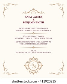 Invitation card with monogram. Wedding invitation, Save The Date. Vintage invitation template. Vector illustration